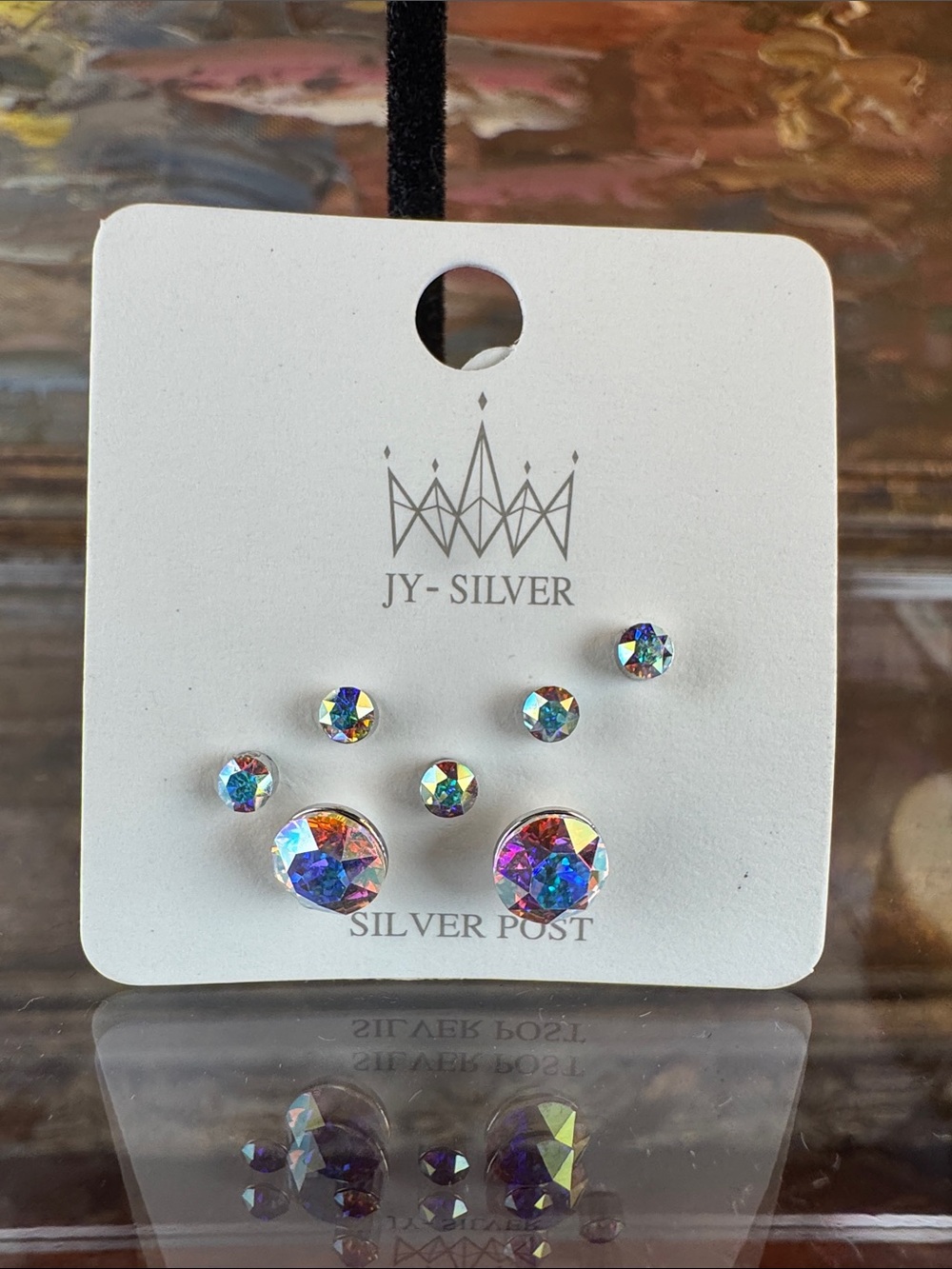 0508-Silver Tone Post- Iridescent Crystal Stud Earring Set‎ - Rainbow Hues